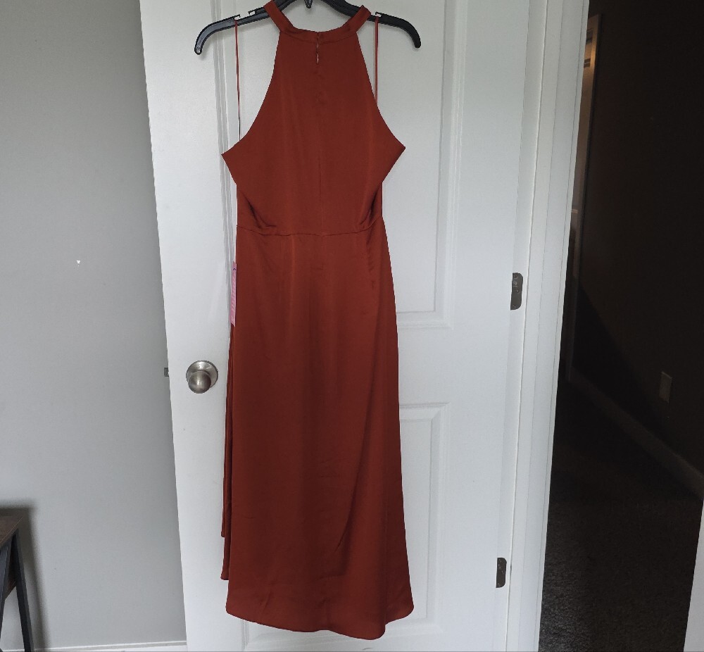 Badgley Mischka Rust Halter Ruffle High-Low Gown - Picture 13 of 16